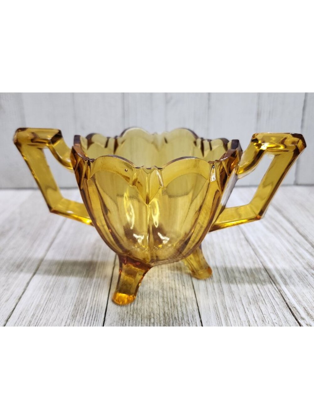 Vtg MCM Amber Pressed Glass Footed Crown Top Dish Bowl with Two Handle 6.5" L
